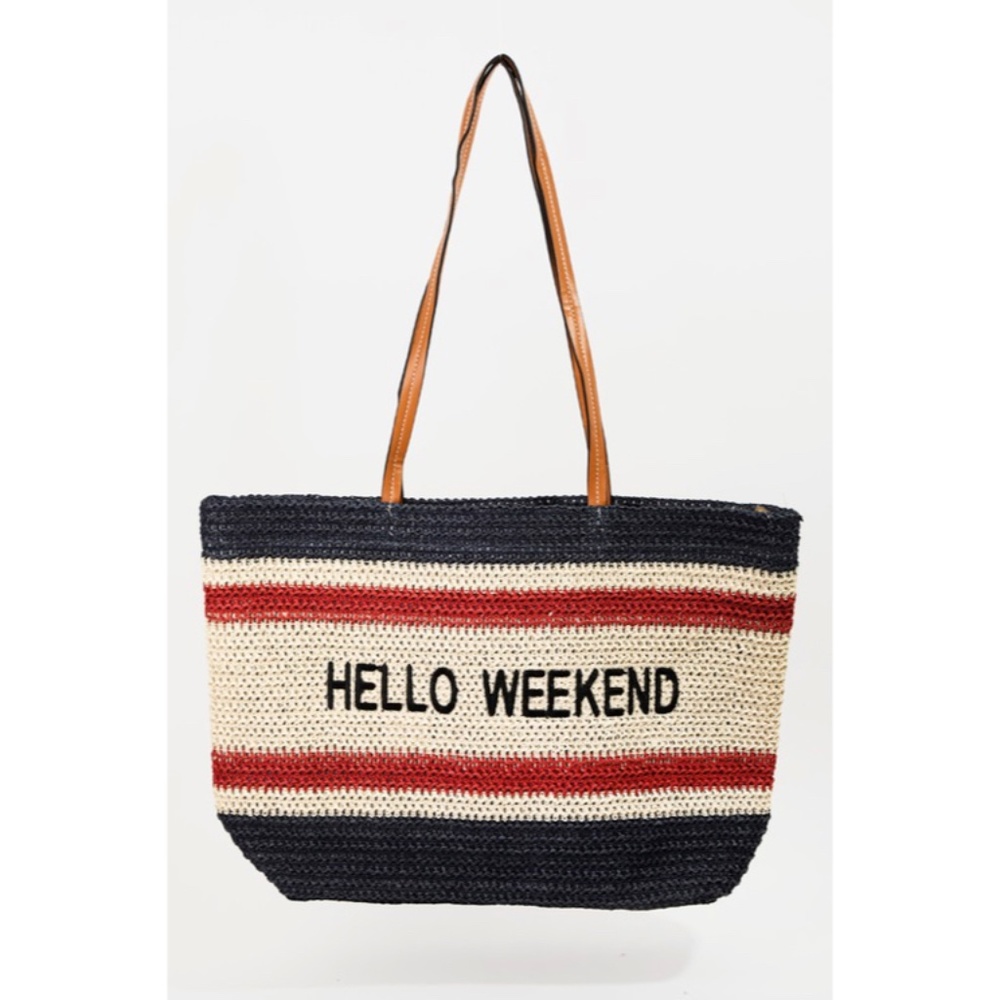 SOLD OUT Navy Hello Weekend Straw Braided Tote Bag - Picture 1 of 1